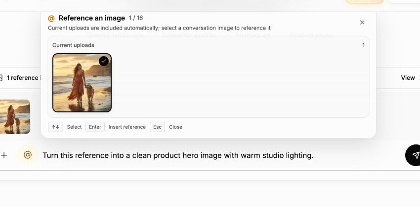 ImgPilot at-sign image picker showing an uploaded image and conversation references