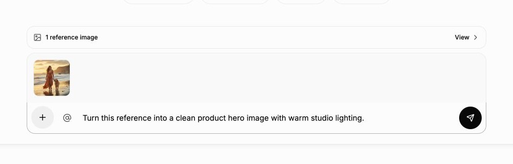 ImgPilot composer with an uploaded reference image and a detailed image editing request