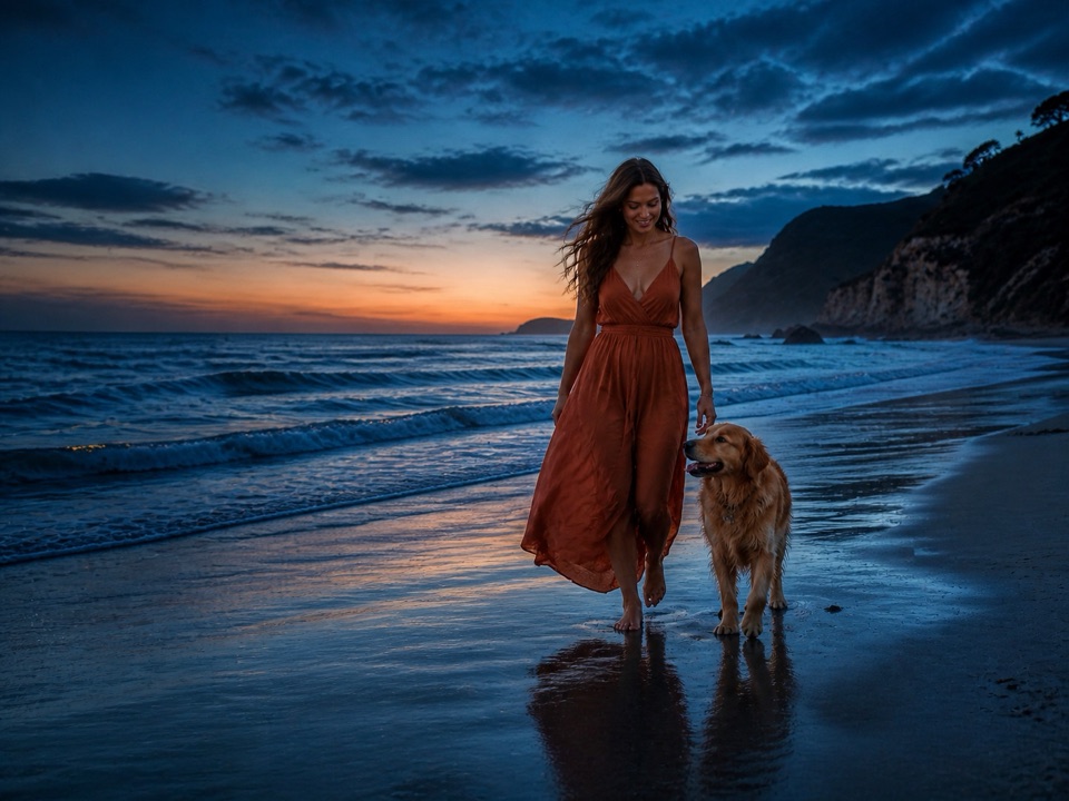Cinematic beach portrait generated by Seedream 5.0 Pro