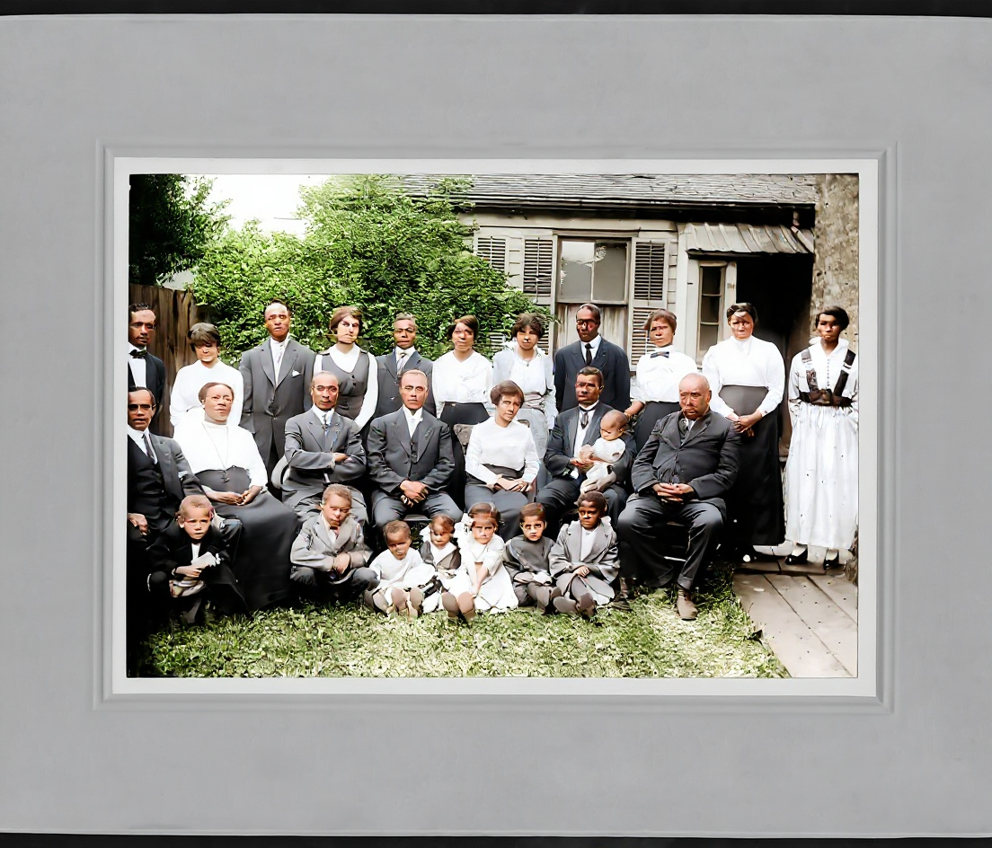 Old family photograph before and after AI restoration — After